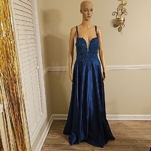 Sapphire Blue Lace Evening Open Back Gown